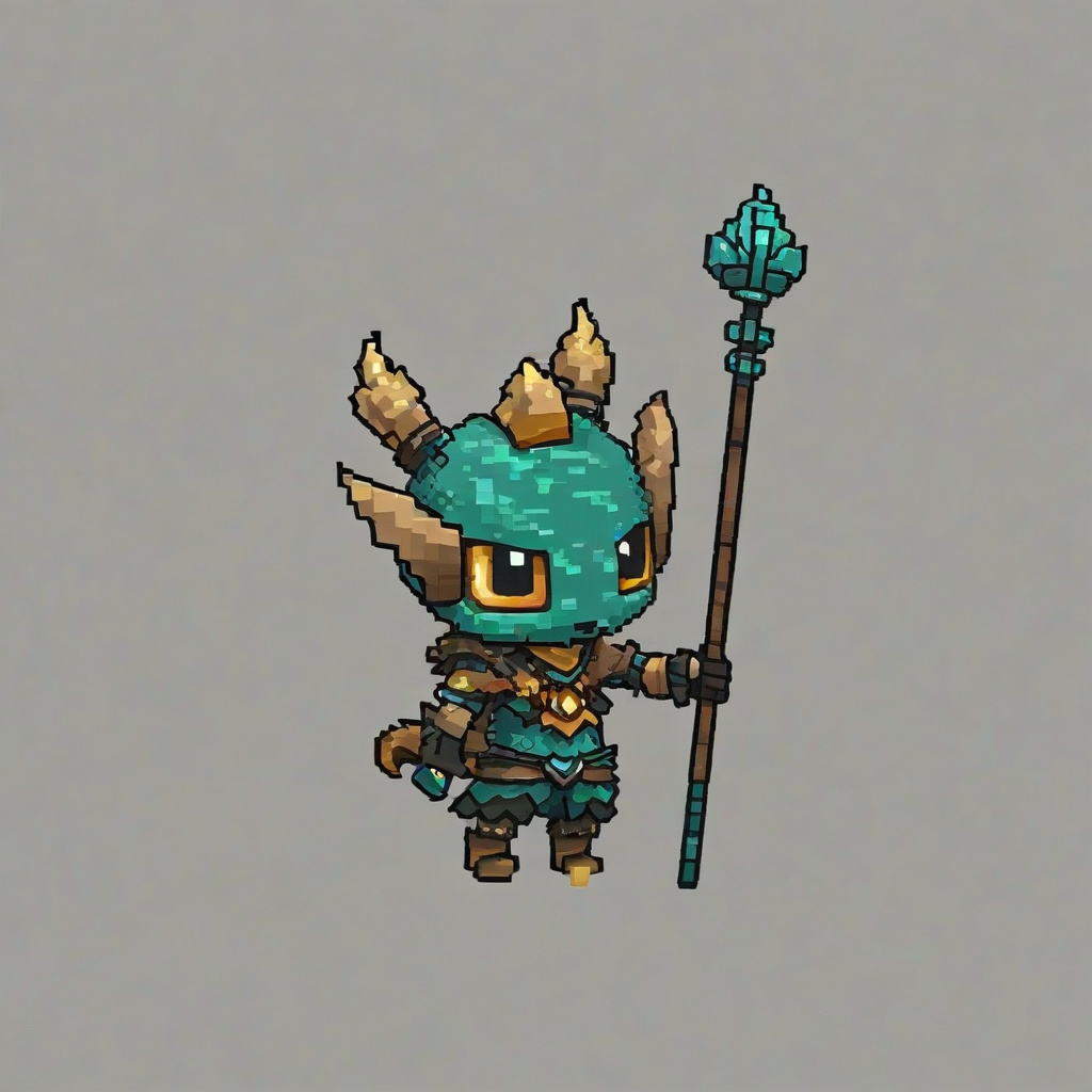 Chibi pixel art style, old sky creature holding a staff, on a plain white background, even lighting