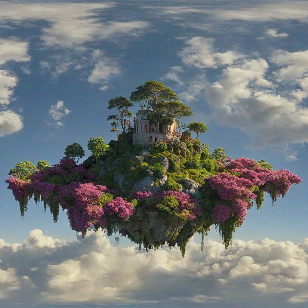 A vibrant, magenta-colored floating island, with lush green trees and fluffy white clouds, in a wide shot, full-body view, with a soft, warm backlight, and dynamic shadows, in the style of Baroque art, on a plain white background., on a plain white background, even lighting