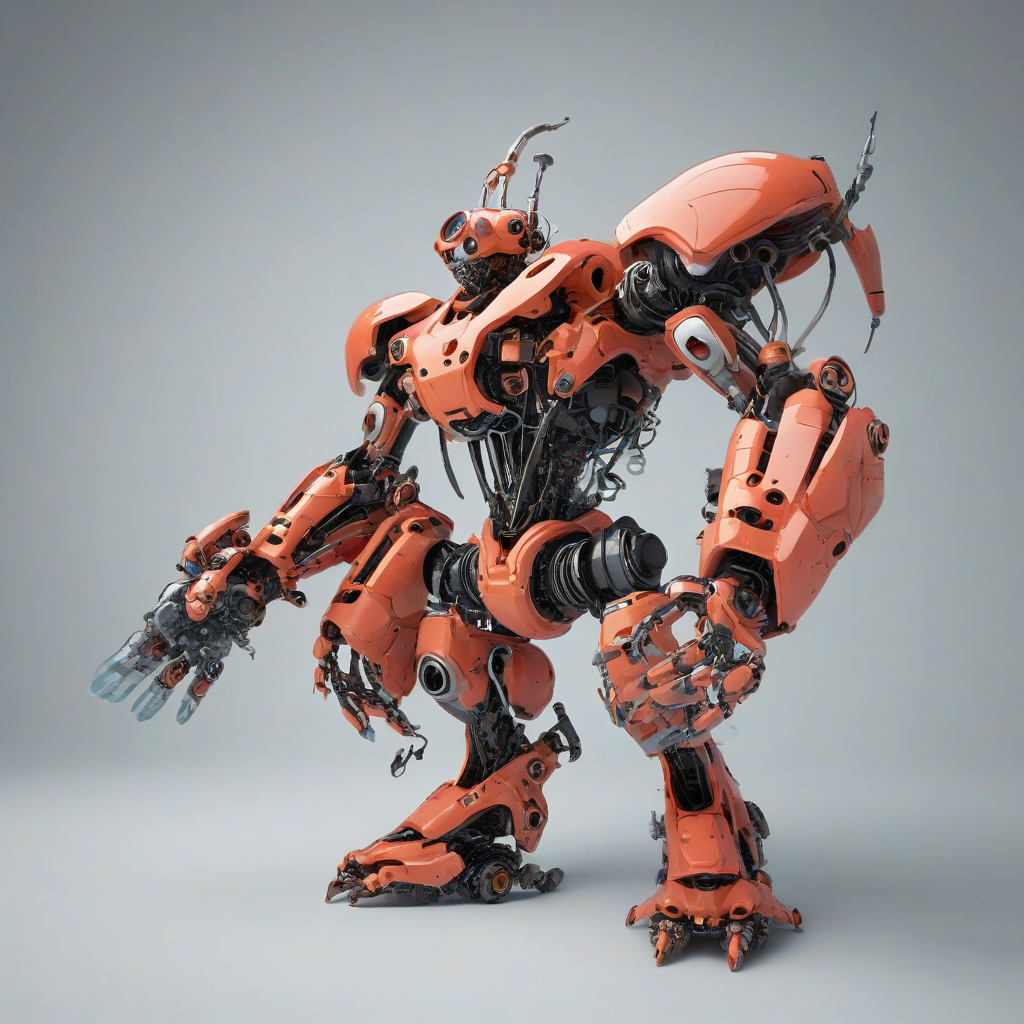 A fully detailed, full-body view of a coral-colored robot with a biopunk aesthetic, featuring a mix of organic and synthetic components, set against a plain white background, with a wide-angle shot and dynamic shadows, in the style of digital art with a focus on intricate details and textures, on a plain white background, even lighting