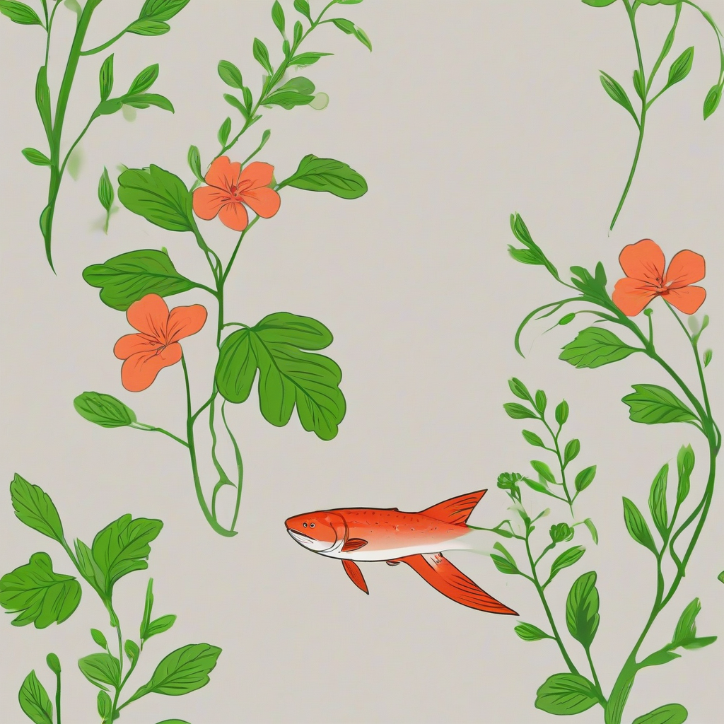 A colorful cartoon salmon plant, with green leaves and a salmon-colored flower, in a full-body view, on a plain white background, with a wide shot and feet visible, in the style of a digital illustration, with soft lighting and dynamic shadows, on a plain white background, even lighting 