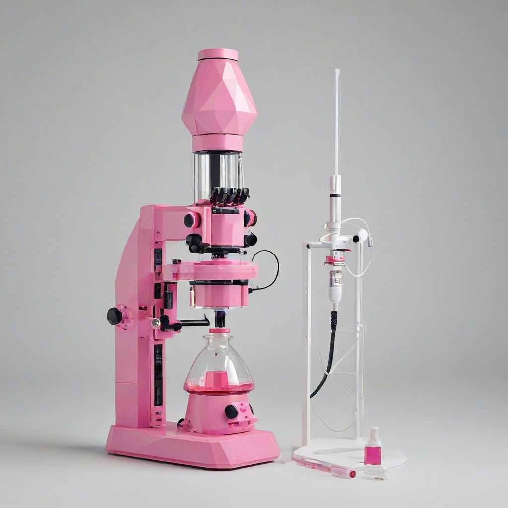 Low poly pink scientific equipment, full-body view, on white background, on a plain white background, even lighting 