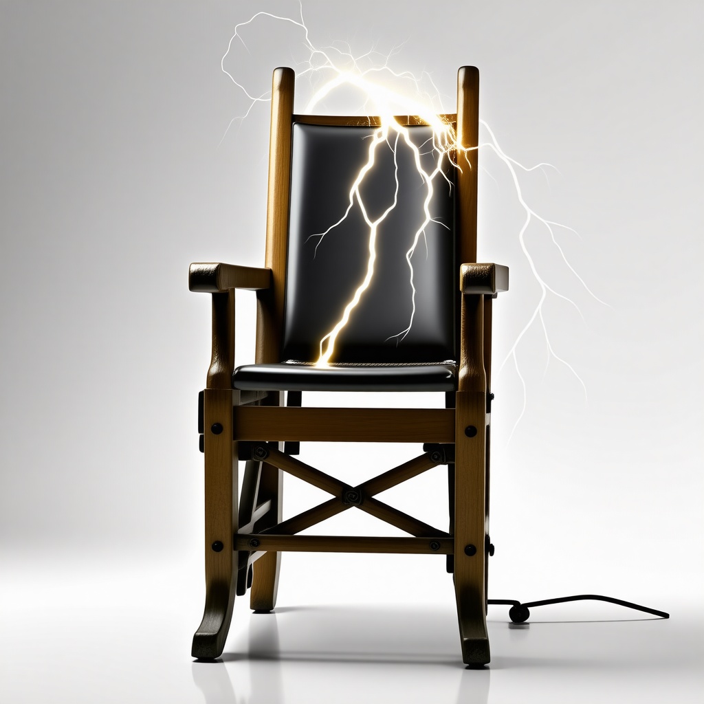 A old fashioned electric chair with lightning coming of of the metal parts