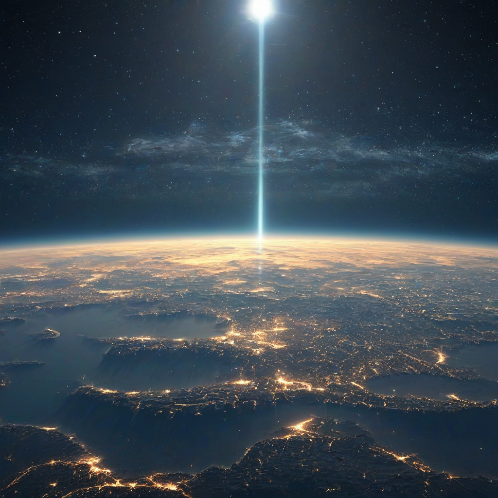 digital art style, in the sky along the horizon is a view of Earth, the view of Earth from beyond the atmosphere takes up half of the image because Earth is huge, the lights from cities are visible on the continent of Europe, far away