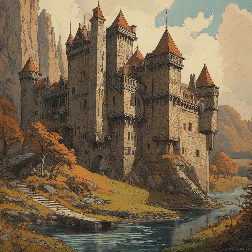 Sam Guay and Syd Mead art style of a medieval castle