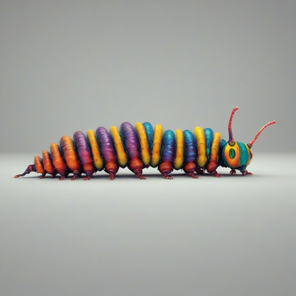 A colorful caterpillar with a plump body, multiple legs, and antennae, in a full-body view, on a plain white background, with a wide shot, and feet visible, in a digital art style with vibrant colors and dynamic shadows, on a plain white background, even lighting 