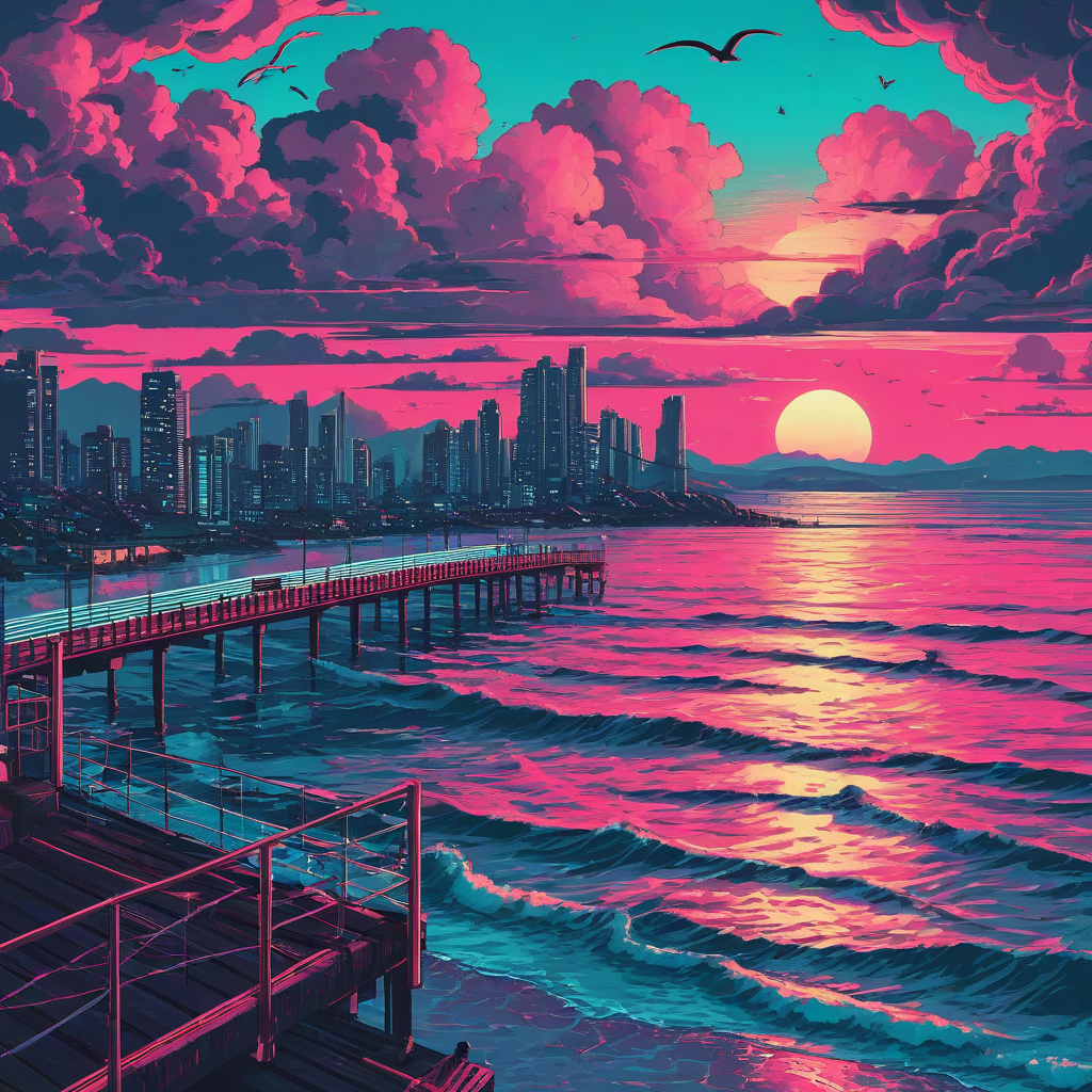 Synthwave Ukiyo-e sunset over calm turquoise ocean, neon pink and white clouds, cool water city in distance, few birds flying, beachfront pier with neon lights