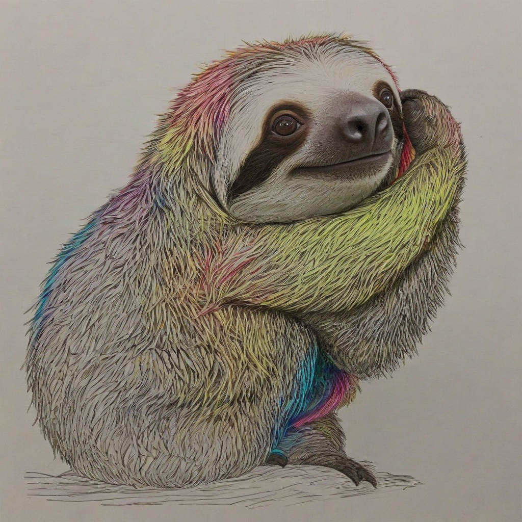 line drawing, color pop of a sloth, on a plain white background, even lighting