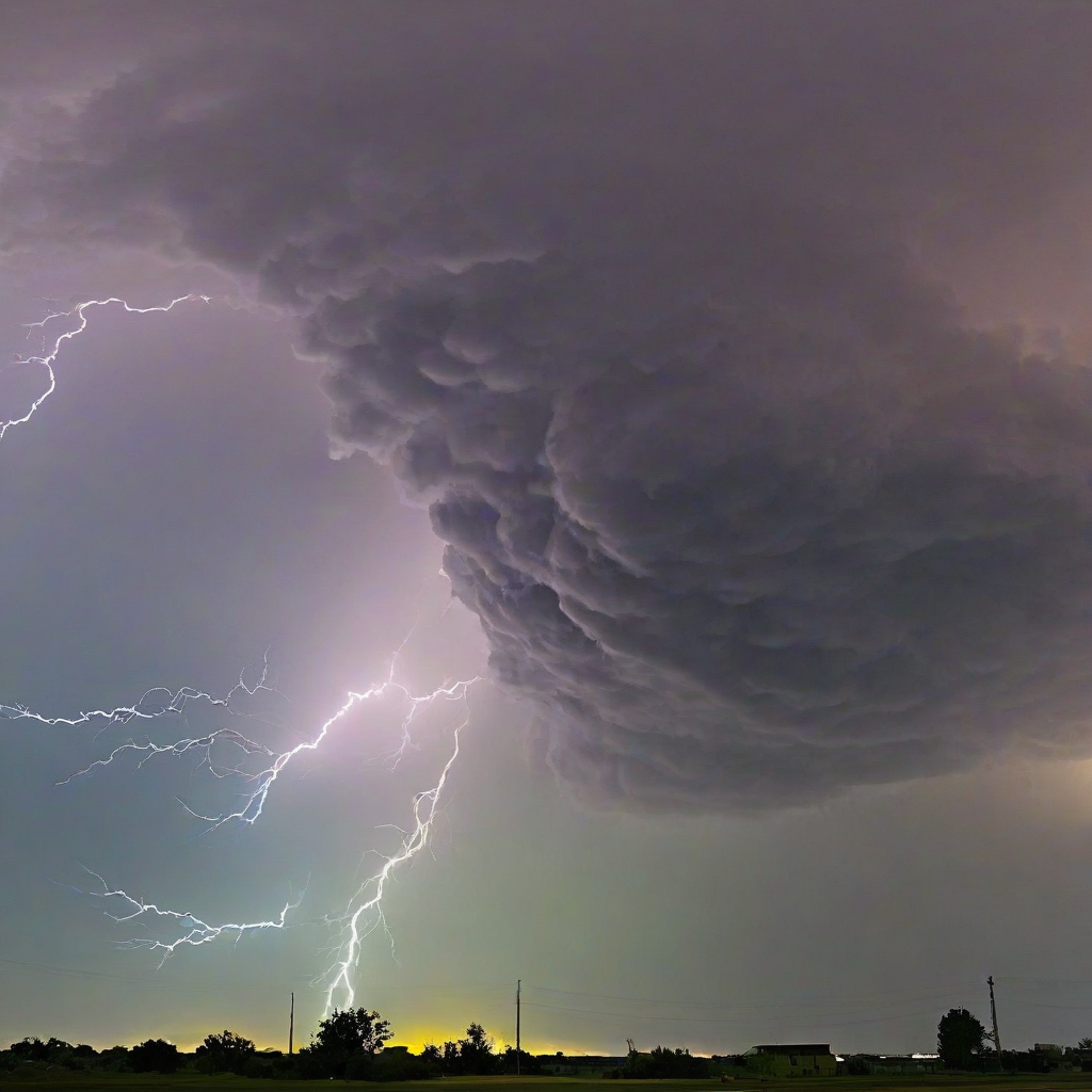 Beautiful photograph of of a yellow sky with purple, black, blue, and green thunder clouds with bright flashes visible within the storm to show lightning