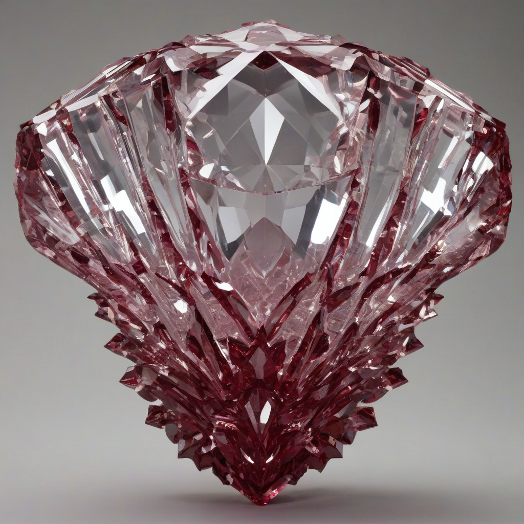 A large, intricate crystal formation in a rich burgundy color, with a Baroque-inspired shape and ornate details, set against a plain white background, full-body view, wide shot, with visible facets and reflections, in a realistic and highly detailed style