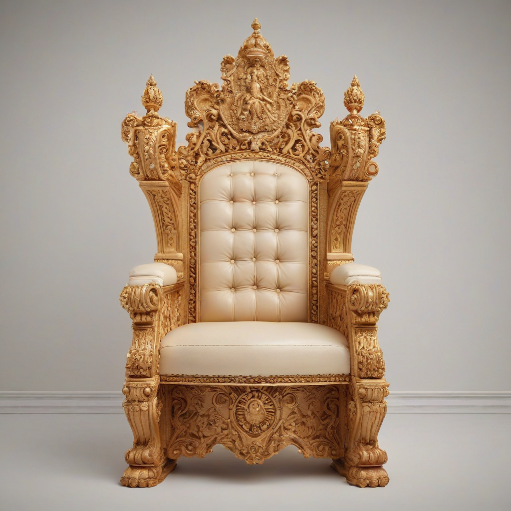 A majestic, ornate throne with intricate carvings, tan in color, set against a plain white background, in the style of Renaissance art, with golden accents and a regal, wide shot, full-body view of the throne, with high-quality, realistic textures and details, on a plain white background, even lighting 