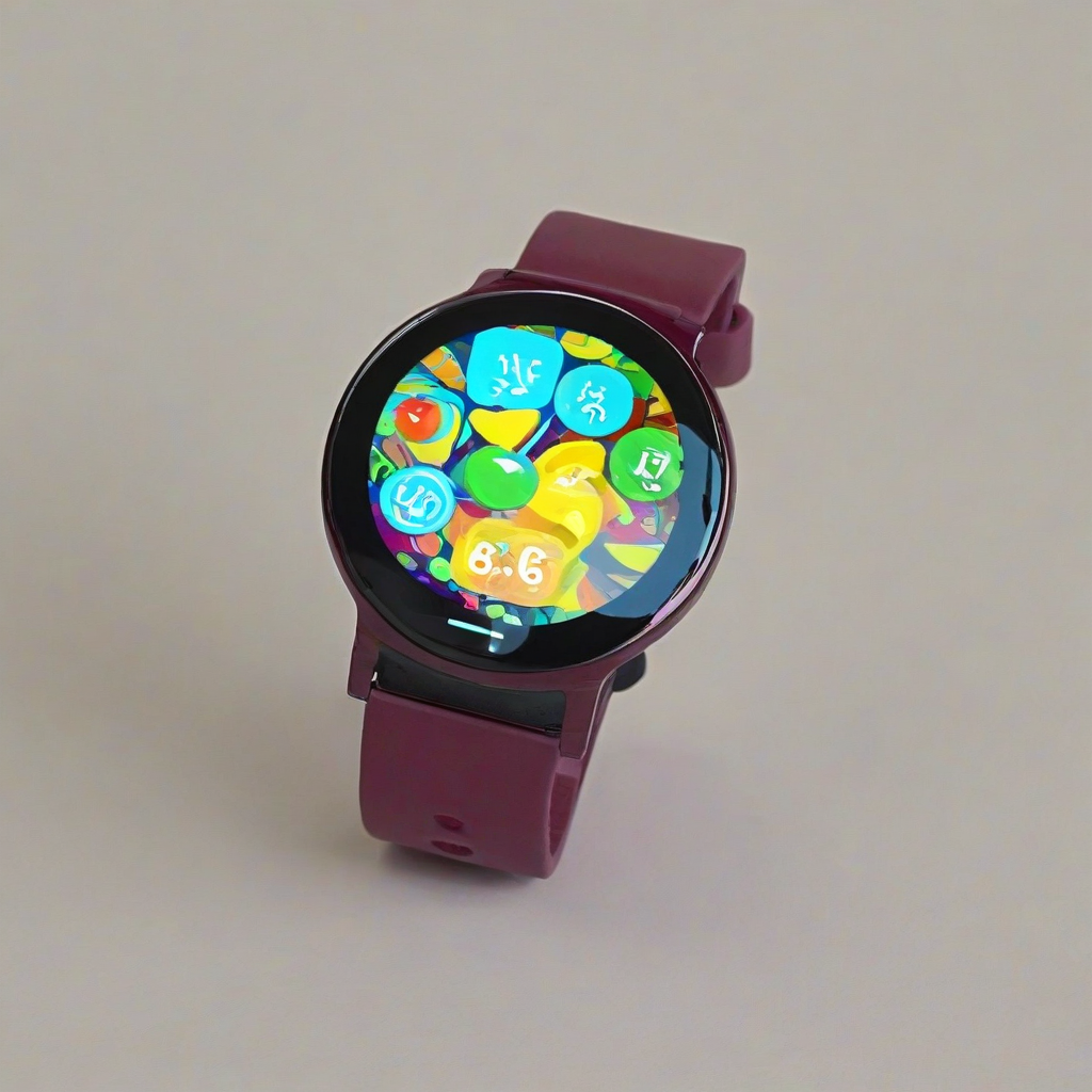 A maroon, pop art style, wearable gadget, such as a smartwatch or fitness tracker, with a bold and colorful design, on a plain white background, in a full-body view, with the device's screen and buttons clearly visible, and a fun, playful atmosphere, with bright colors and abstract shapes, in the style of a graphic illustration, with a wide-angle shot, and a sense of dynamic energy