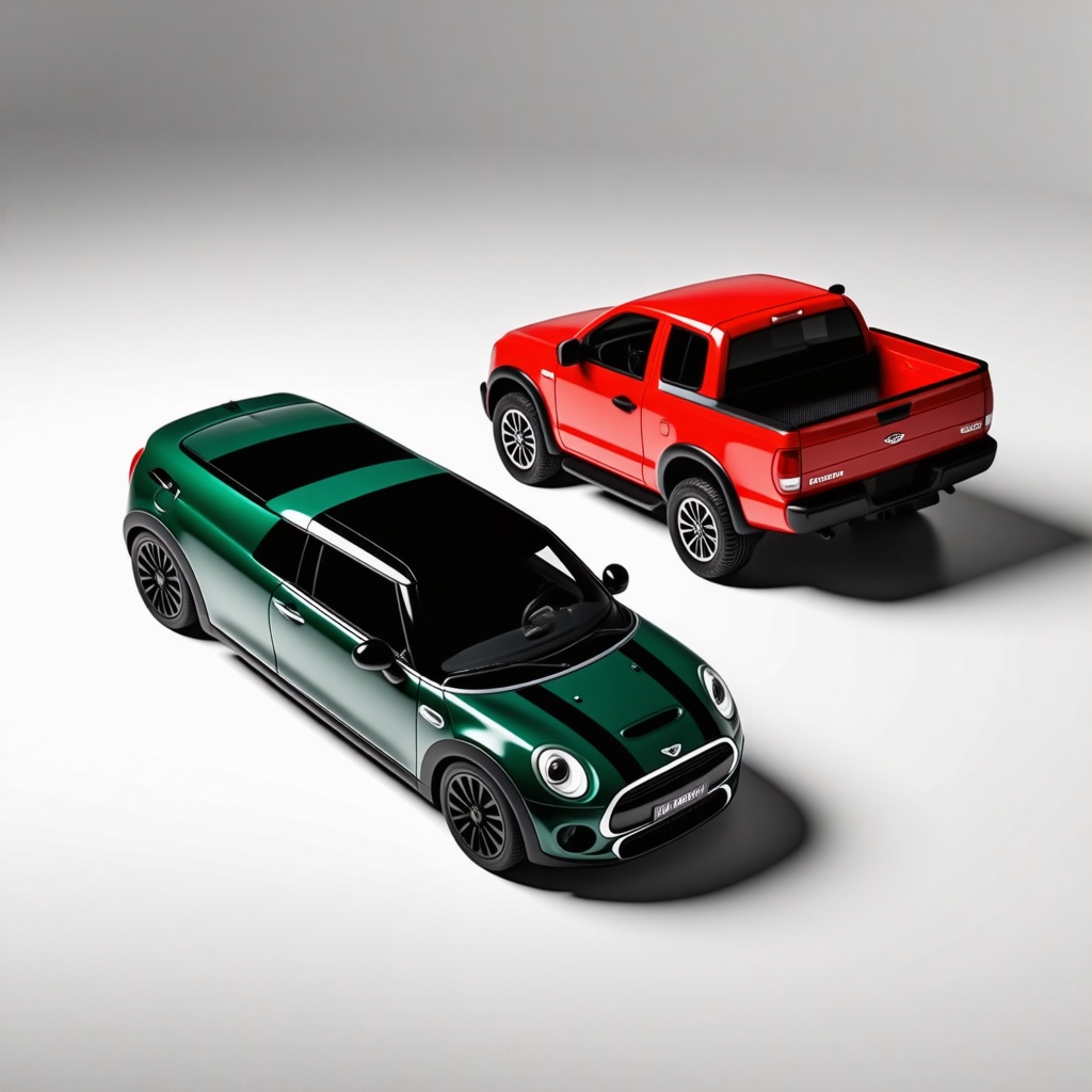 green mini cooper next to a red pickup truck