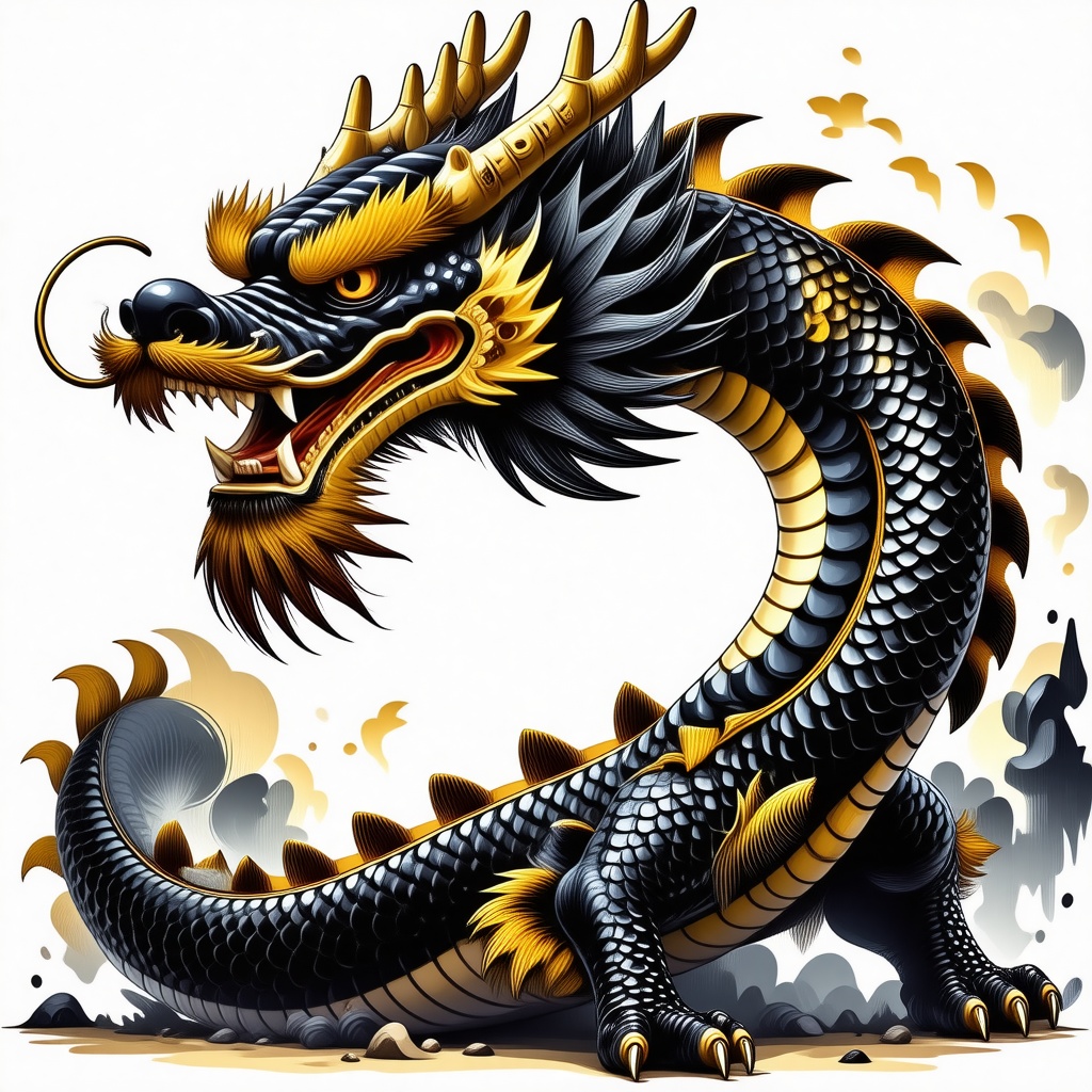 An anime Chinese dragon with black and gold speckled scales. It has yellow eyes and golden horns.