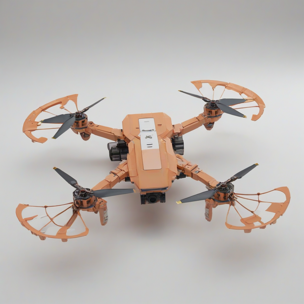 A full-body view of a drone, made in a pixel art style, with a salmon-colored body and white background, wide shot, with all details of the drone visible, including propellers and camera, in a digital art style, with a focus on clean lines and minimal shading, on a plain white background