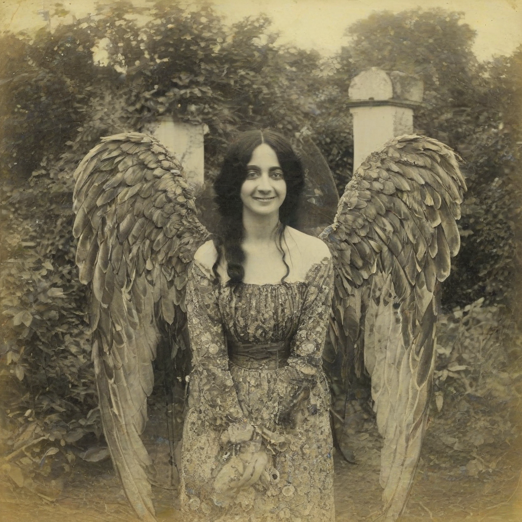 An old and distorted photograph of a woman with silky black hair and large eyes and large realistic angel wings growing from her back, she is smiling slightly as she poses for the photograph, the quality of the image is grainy and some parts of the image have black spots from damage, the background is a peaceful garden, the woman is wearing Victorian era clothing