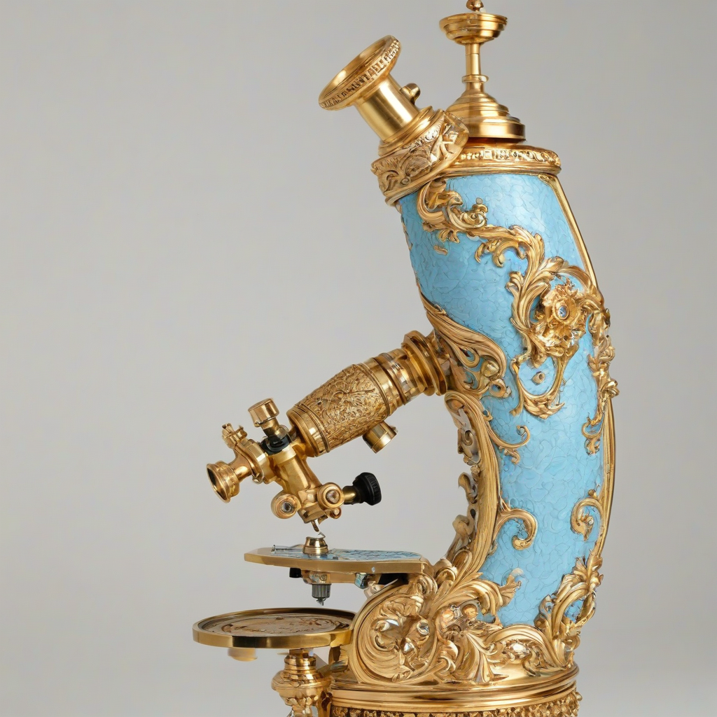 A intricately designed, sky blue, 18th century style, Rococo themed, scientific equipment, such as a microscope or telescope, with golden accents and ornate details, in a wide shot, with the entire equipment visible, on a plain white background, with soft, natural light and subtle shadows
