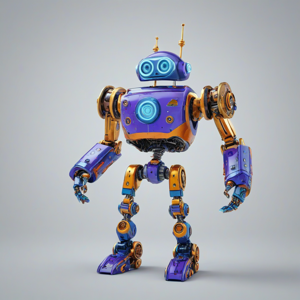A full-body view of a periwinkle-colored robot, with a cartoon style, standing on a plain white background, with bright and vibrant colors, and a wide-angle shot, featuring a fun and playful expression, with detailed mechanical parts and a shiny metallic surface, in a digital art style with bold lines and textures, on a plain white background, even lighting
