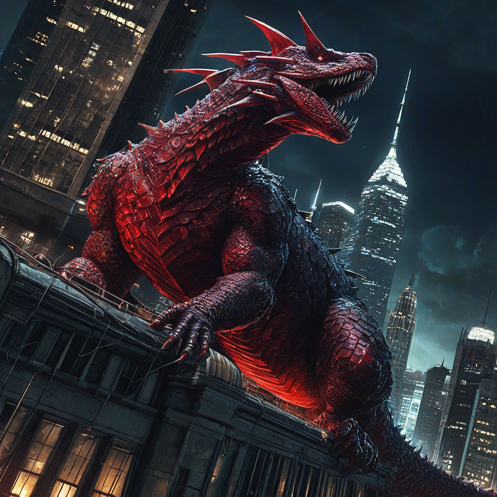 Raymond Swanland style giant scaly monster, red jagged scales, climbing skyscraper at night, police helicopters with search lights