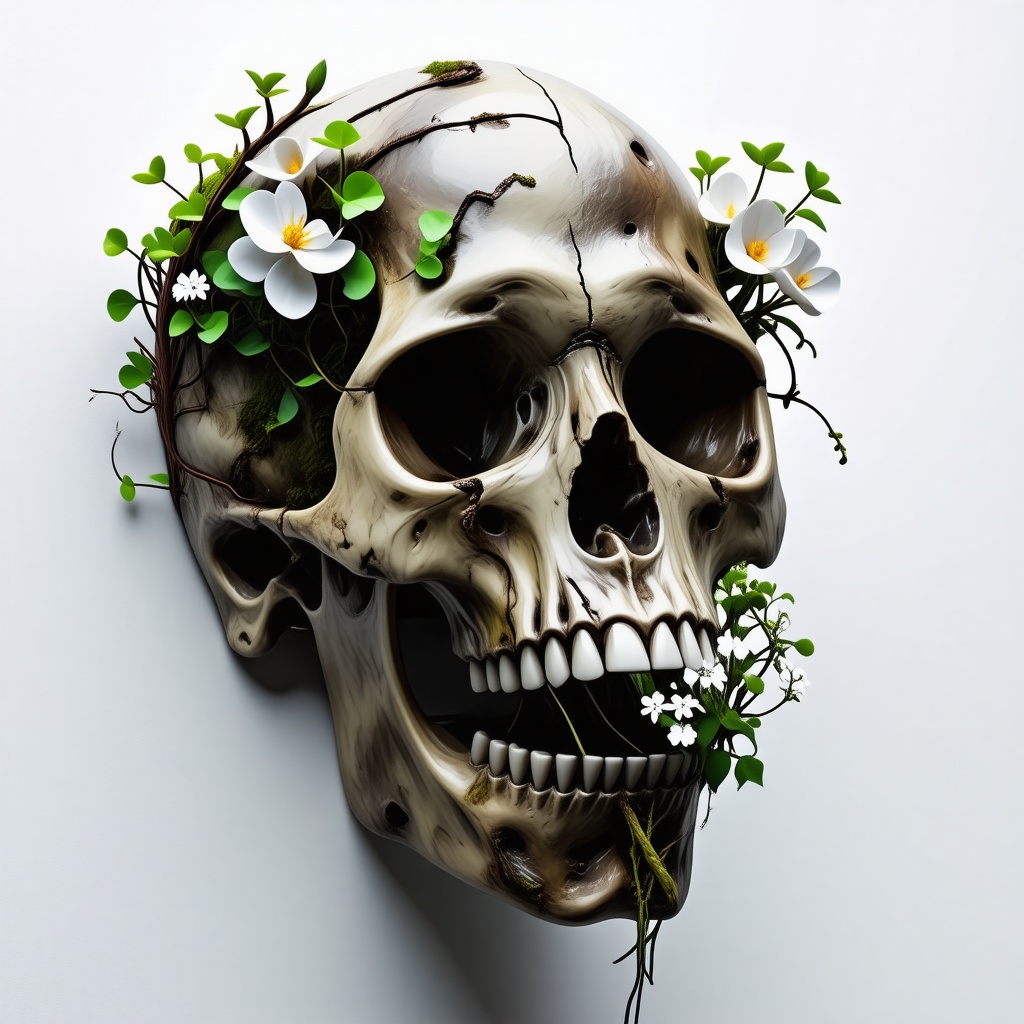 A skull covered with small patches of moss and ivy and flowers sprouting out of the mouth and eye sockets and cranium