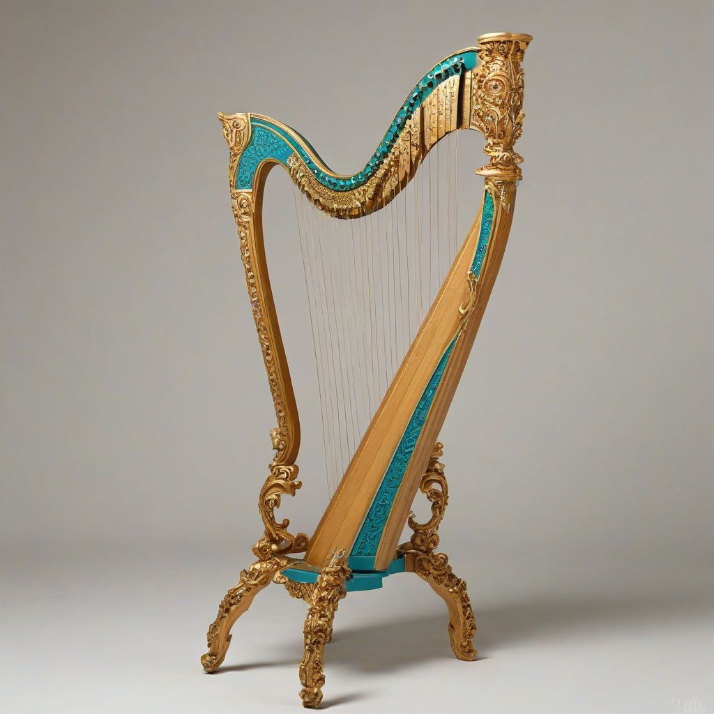A intricately carved, turquoise-colored, baroque-style harp, with gold accents, in a wide shot, full-body view, on a plain white background, with soft, warm lighting and dynamic shadows, in the style of a detailed, realistic, oil painting