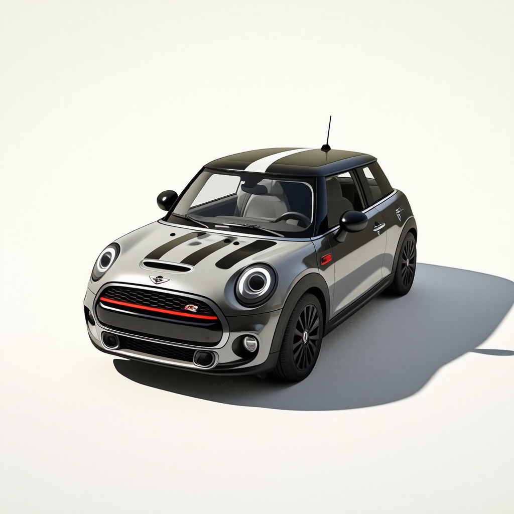 A mini cooper, car with two black stripes on the front of the car, full-body view, on a plain white background, with a wide-angle shot, and dynamic shadows, in a digital art style