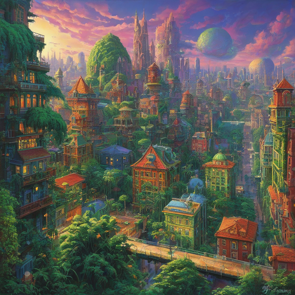 Vibrant ecopunk cityscape, lush greenery, colorful buildings, Jeff Easley art style, on white