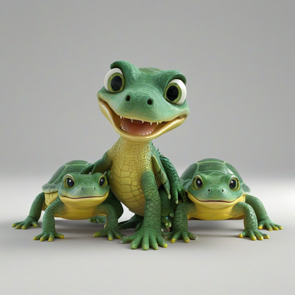 3d cartoon animation, only a single animal that has a mix of a baby alligator and a baby turtle, bright and vivid colors, large eyes, short body, round features, tiny nose, tiny feet, cute, happy expression on its face, only one in the shot, on a plain white background, even lighting