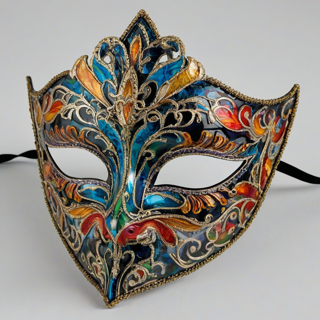 A detailed, full-body view of a multicolored glass masquerade mask, with intricate designs and patterns, on a plain white background, with bright, vibrant colors, and a wide-angle shot to capture the entire mask, on a plain white background, even lighting