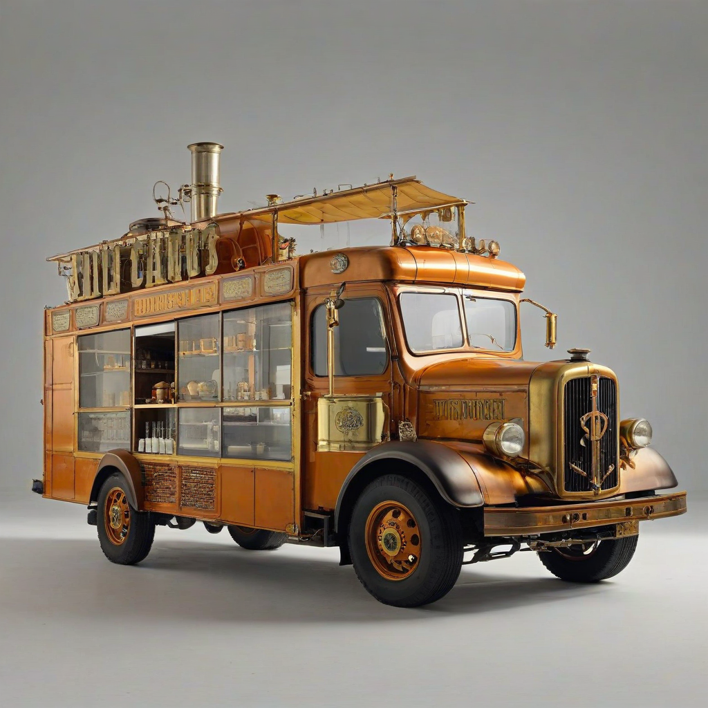 A vintage, orange, dieselpunk-themed food truck, with brass accents and a steam-powered engine, in a wide shot with the entire truck visible, including the wheels and exhaust pipe, on a plain white background, with a warm, golden lighting and a subtle, dynamic shadow effect, on a plain white background, even lighting