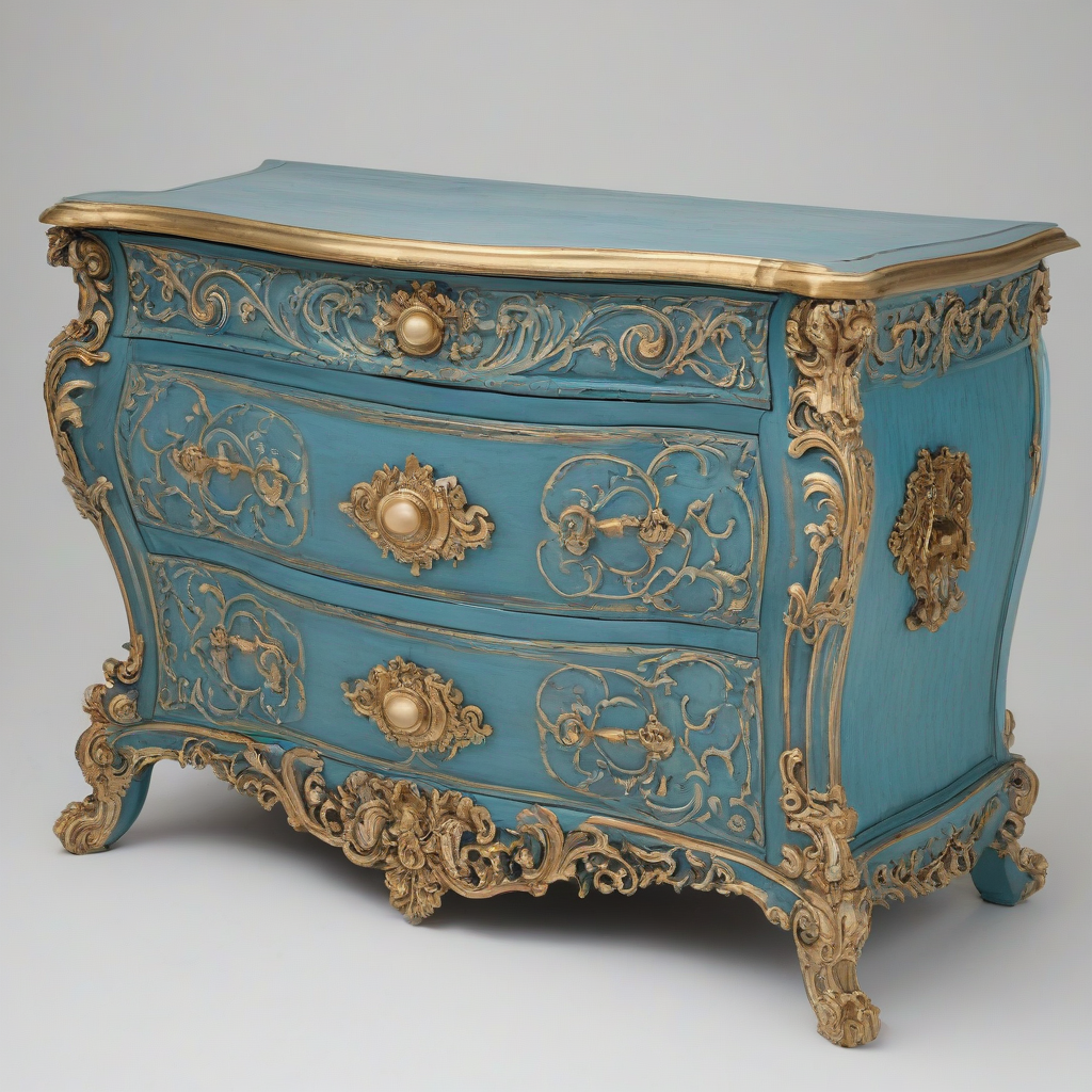 A highly ornate, Azure colored, Rococo style chest, with intricate carvings and gold accents, in a wide shot, with the chest centered on a plain white background, with soft, warm lighting and a slight sheen to the finish, on a plain white background, even lighting, on a plain white background, even lighting 
