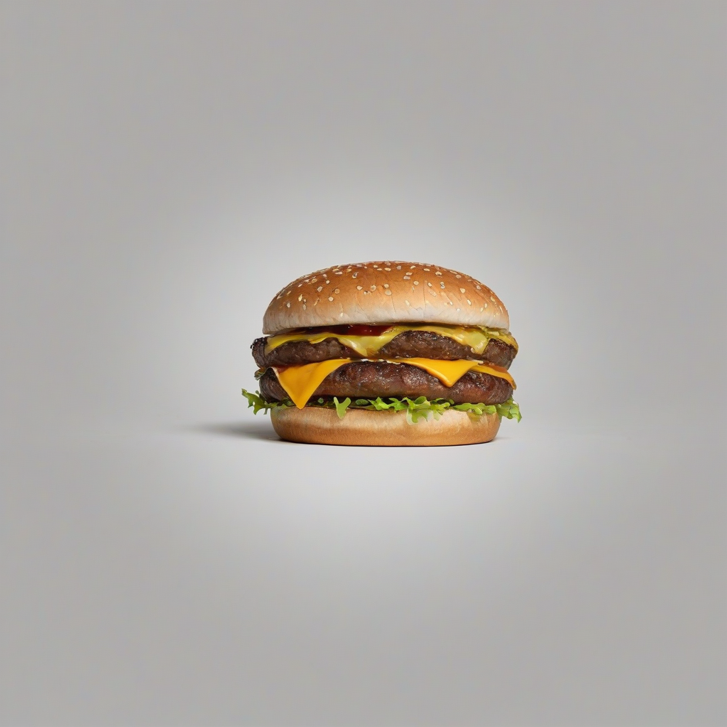 photo of a juicy cheeseburger on a plain white background, full-body view, wide shot, feet visible, colorful, on a plain white background, even lighting 