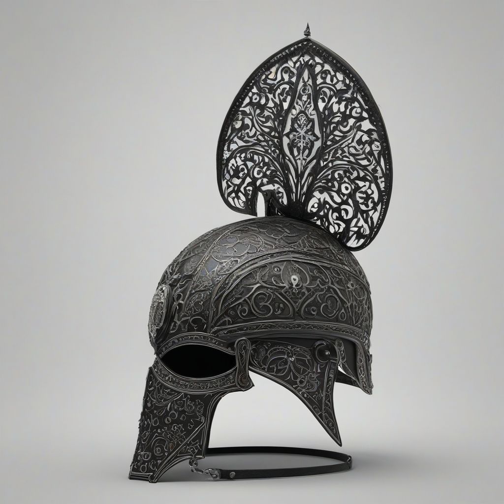 A black, Gothic-style helmet, with intricate designs and patterns, full-body view, on a plain white background, wide shot, with visible details and textures, in a digital art style, on a plain white background, even lighting