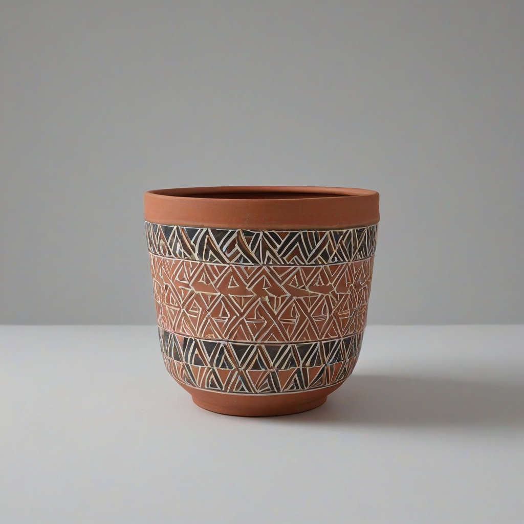 terracotta colored pot, with overlapping triangle pattern inlay, around the center of the pot, bright lighting, on a plain white background, even lighting