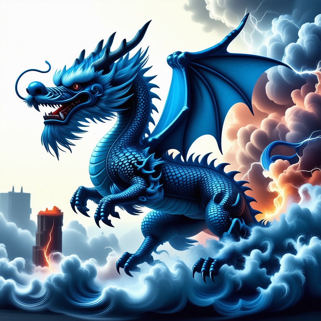 blue flying dragon in a storm
