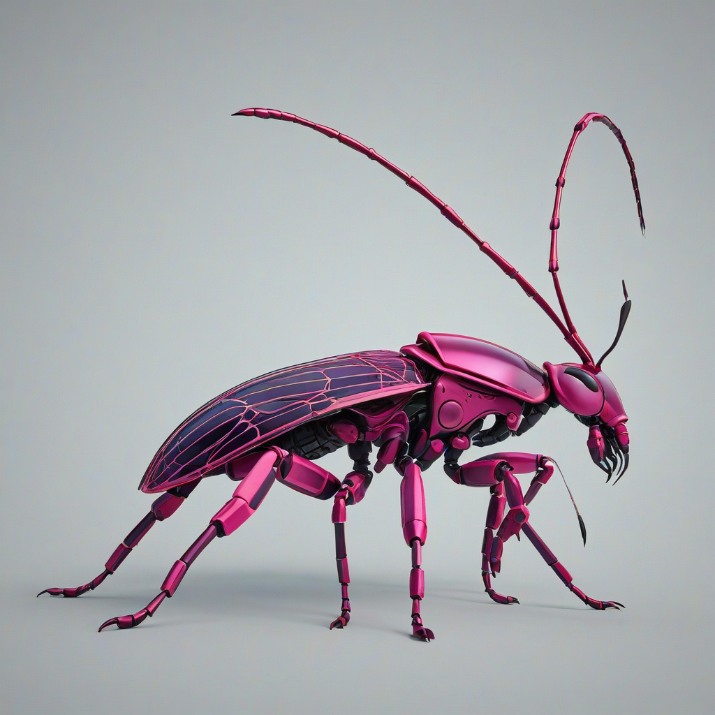 A full-body view of a stylized, modernist insect with a magenta exoskeleton, standing on a plain white background, with bold geometric shapes and clean lines, in the style of a 1920s art deco illustration, with a wide shot and the insect's feet visible, in a digital art style with a mix of 2D and 3D elements, on a plain white background, even lighting