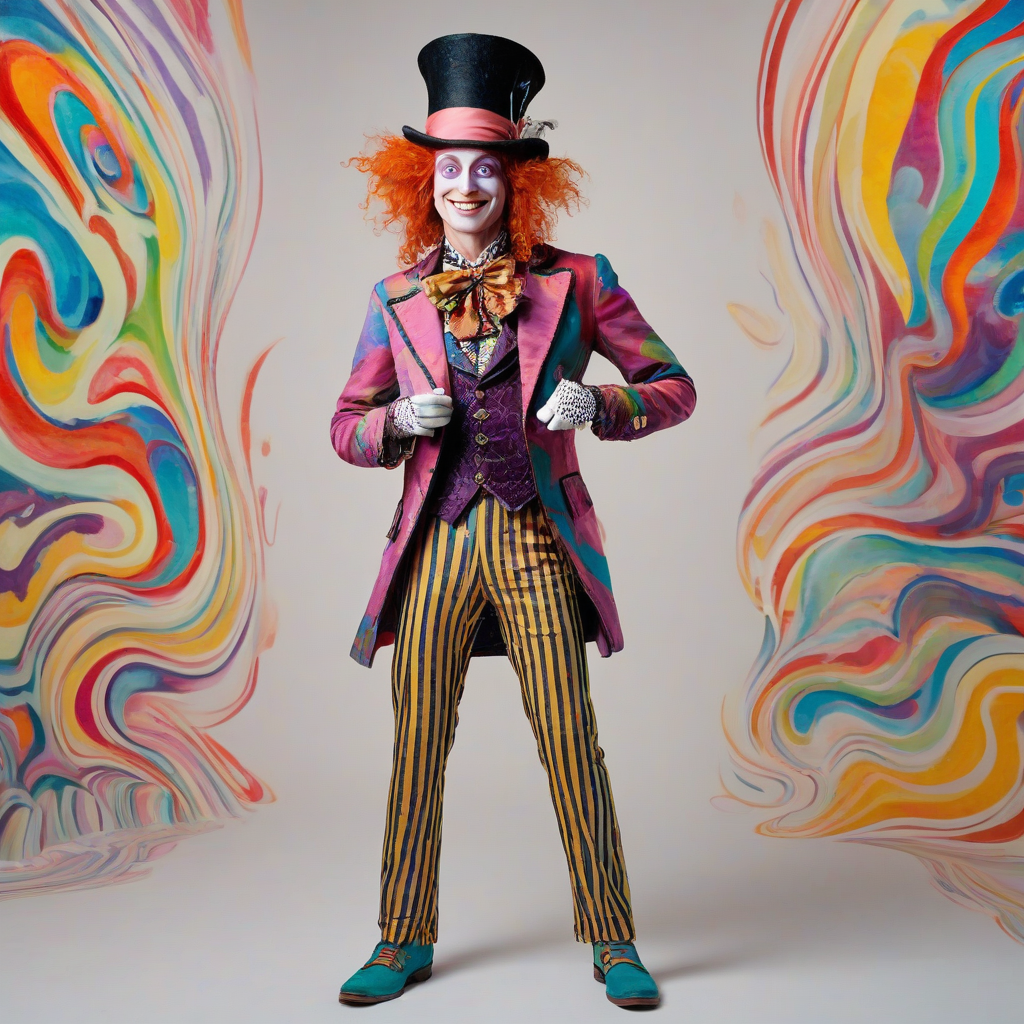 A full-body view of the Mad Hatter, wearing a top hat and a colorful suit, with a wide smile on his face, standing on a colorful weird background, in a whimsical and fantastical style, with bold lines and vibrant colors, and a sense of madness in his eyes, on a plain white background, even lighting 
