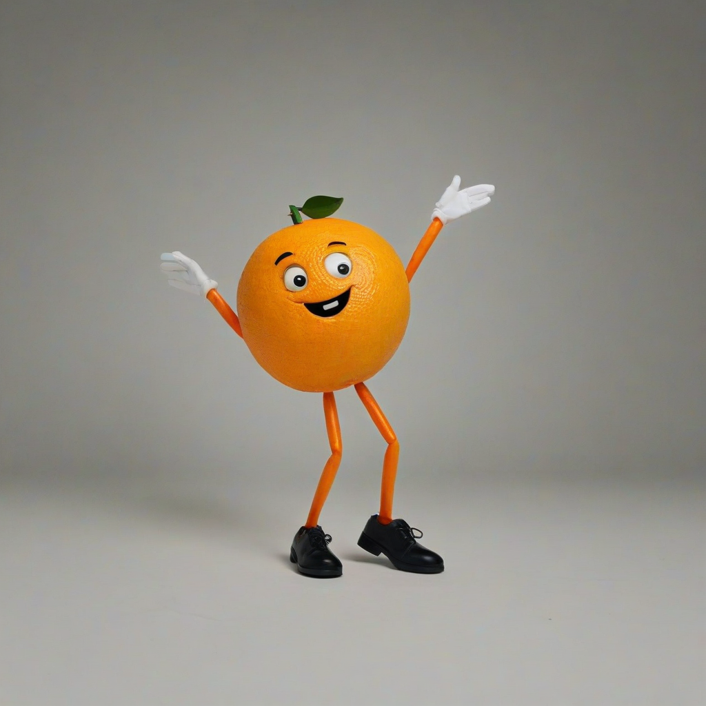 cartoon citrus orange person, with arms and legs, with white gloves and black shoes, friendly expression with a smile on its face,, on a plain white background, even lighting