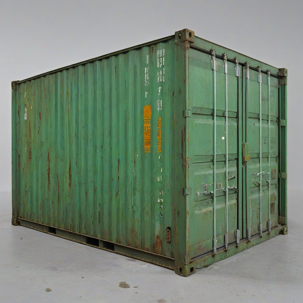 green metal shipping container, worn appearance, some rust, no background, bright lighting, full body visible, on a plain white background, even lighting