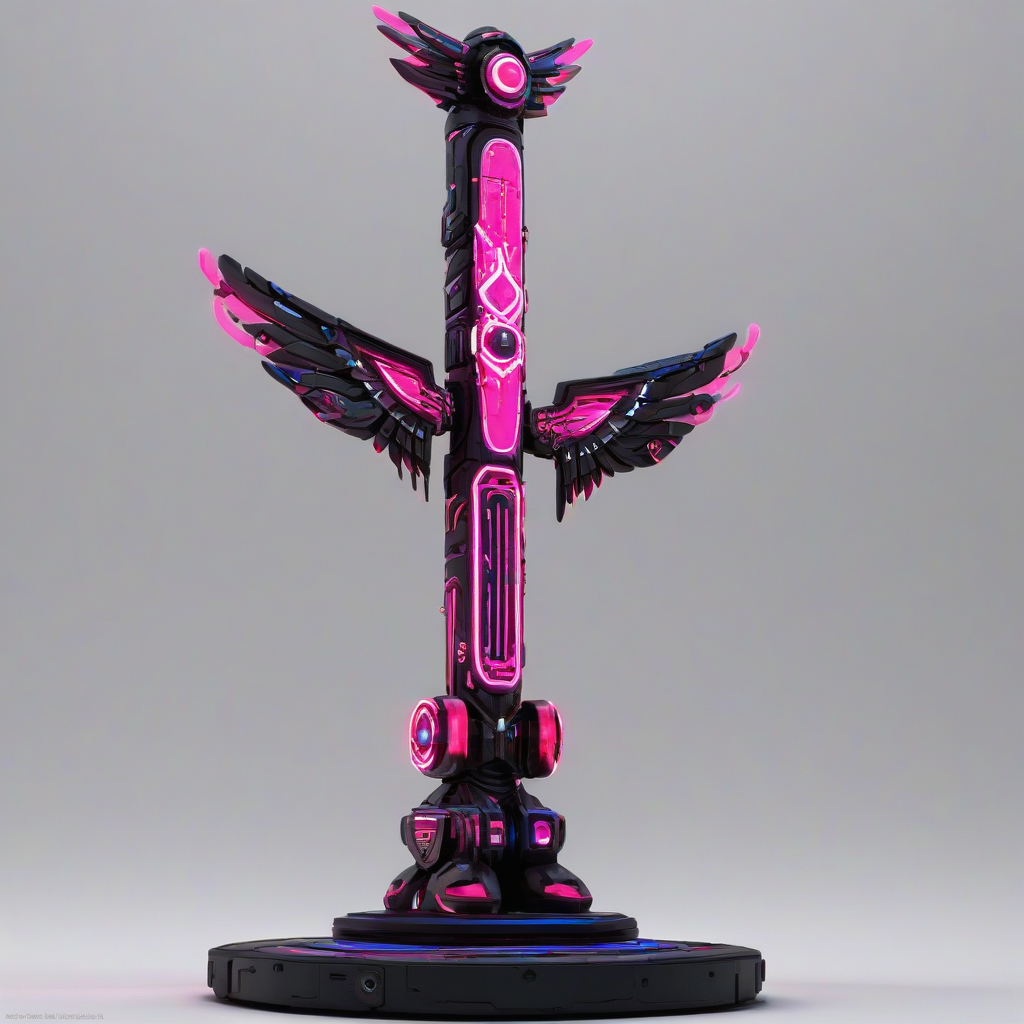 A vibrant pink totem pole, cyberpunk style, with neon lights and metallic accents, set against a plain white background, full-body view, highly detailed, wide shot, with visible feet and base, in a futuristic urban environment, digital art style, high contrast colors, dynamic shadows, and intricate textures, on a plain white background, even lighting 