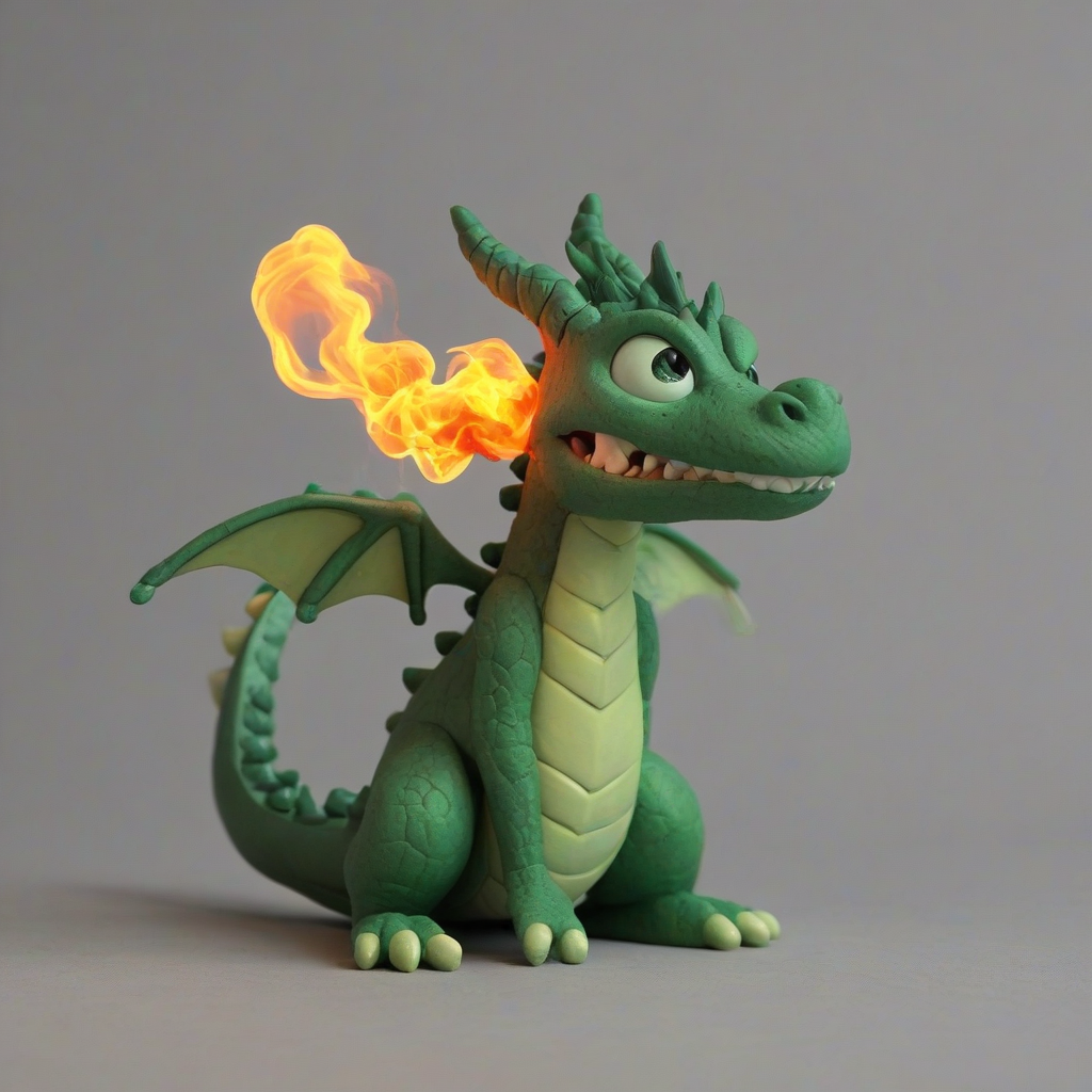 Clay animation of a small green dragon breathing fire