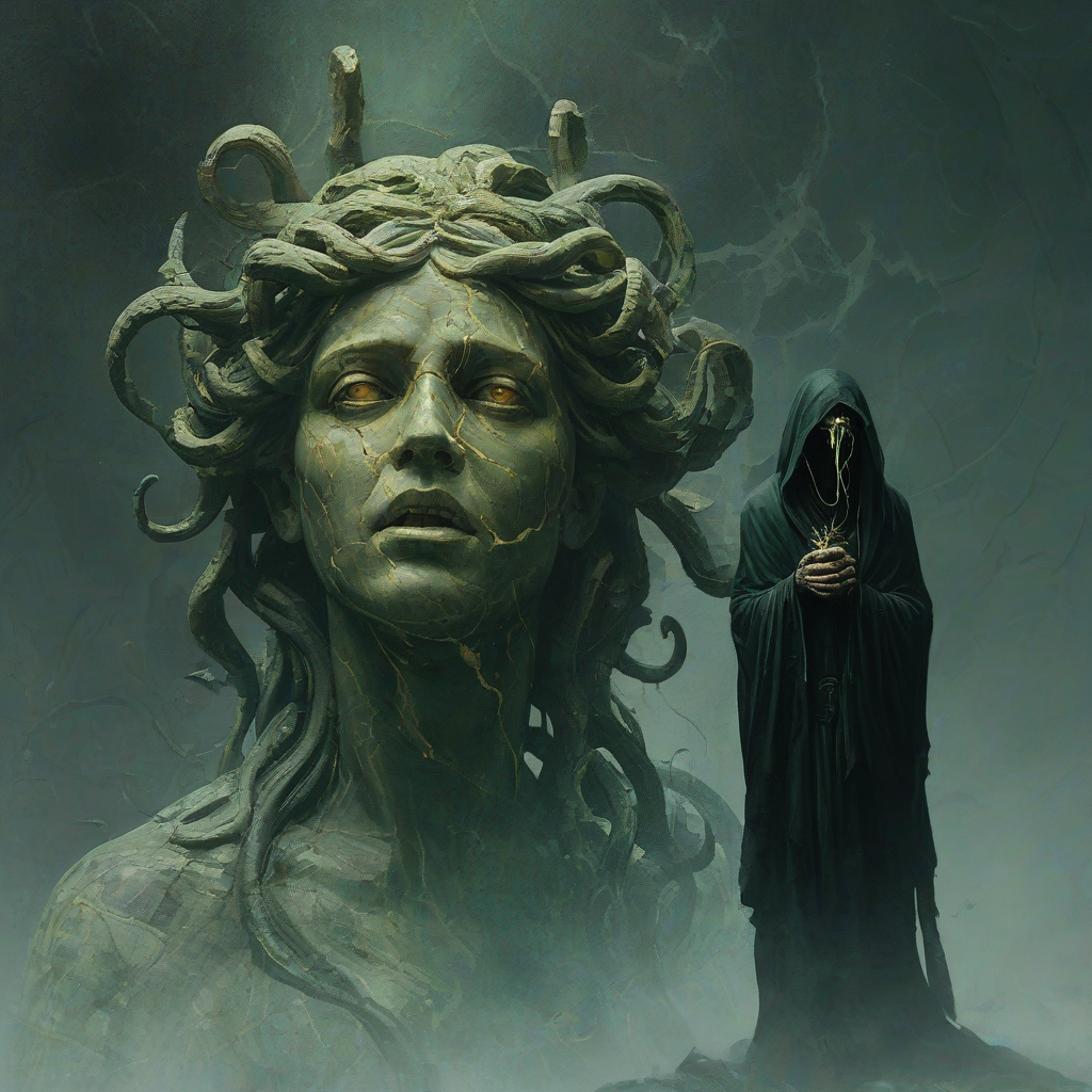 Dark digital painting of cracked marble evil Medusa statue, Jeremy Mann style, golden cracks, ominous dusty lighting, eerie green magic wisps, ragged torn black robe, gazing at a stone statue of a terrified person