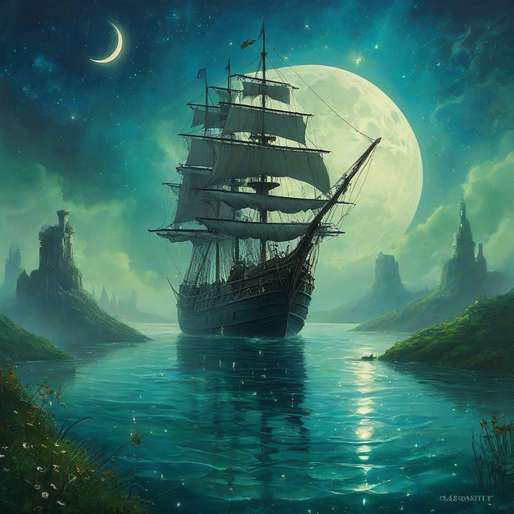 Ethereal Marc Simonetti style scene: blue steampunk sail ship floats through calm green water with mist, under crescent moon and starry night sky
