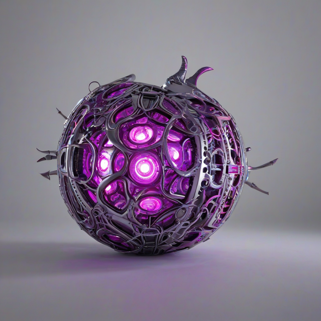 A highly detailed, full-body view of a magical artifact named Plum, set against a plain white background, with a synthwave aesthetic, incorporating vibrant, neon colors and futuristic elements, with dynamic lighting and sharp shadows, in a wide-angle shot, with the artifact's intricate details and textures prominently displayed, including its glowing, iridescent plum-colored core, and a sense of mysticism and wonder surrounding it, on a plain white background, even lighting