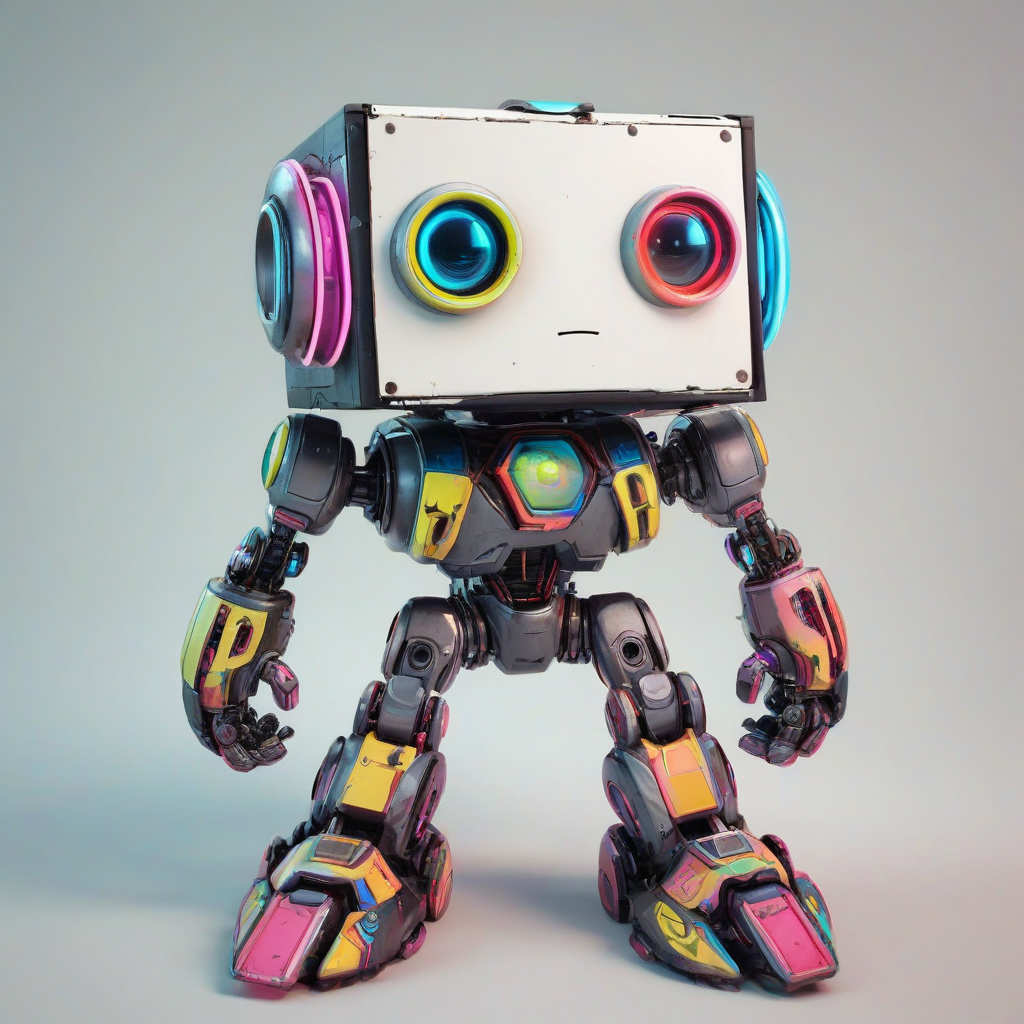 A cute, video game robot with a stumpy body, big eyes, and a cubic face, standing in a full-body view with its feet visible, on a plain white background, in a comic book art style with bold neon lines and bright colors, with a wide-angle shot and bright lighting, on a plain white background, even lighting 