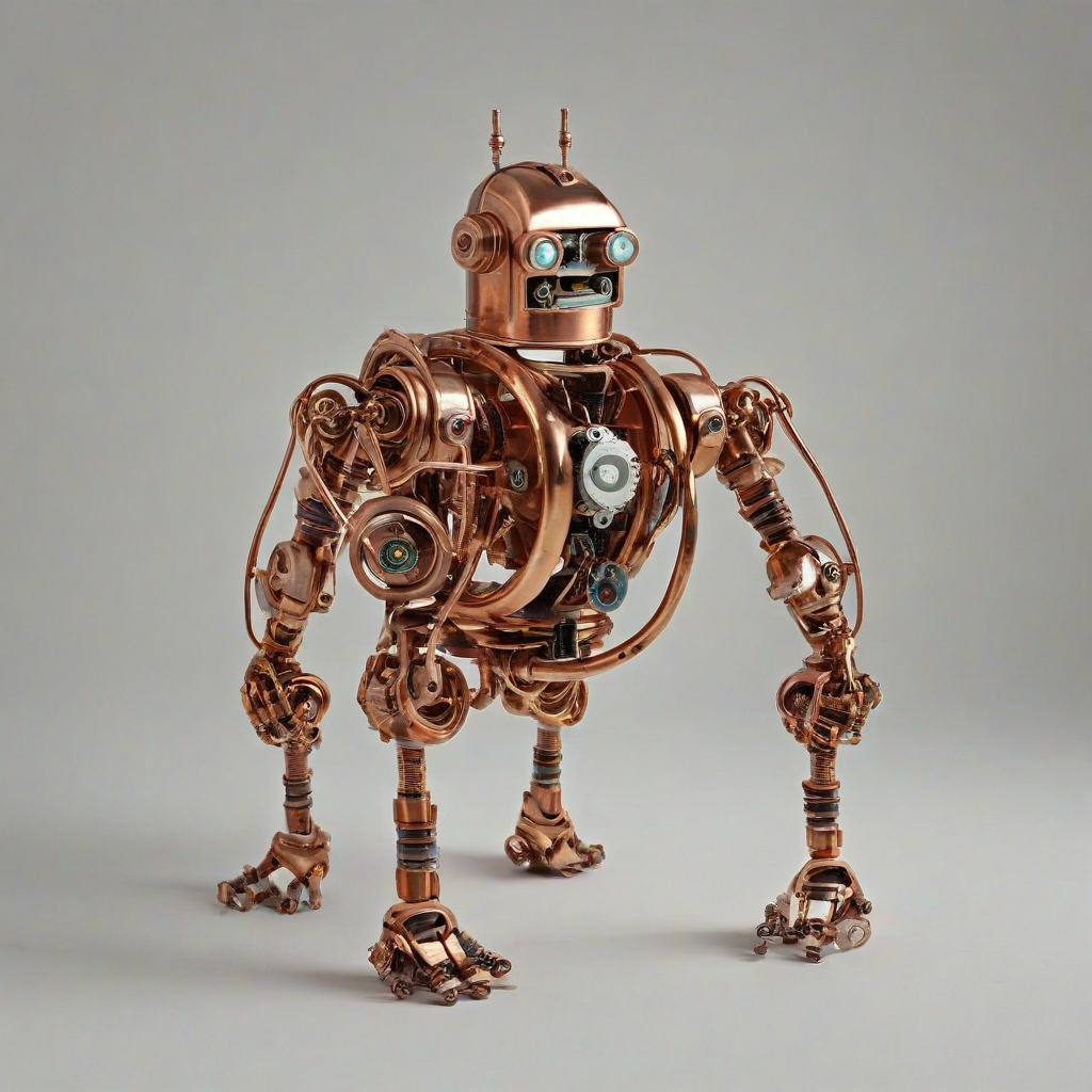 robot made from copper pipes, on a plain white background, even lighting