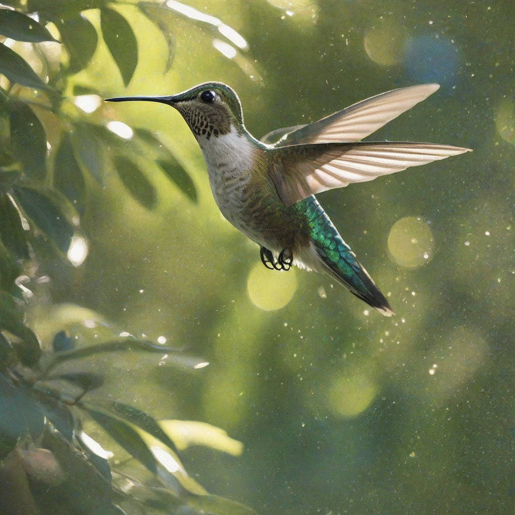 A full-body view of a hummingbird in flight, with iridescent feathers glistening in the sunlight, set against a leafy background, with a wide-angle shot and a soft, natural light, in the style of a digital illustration