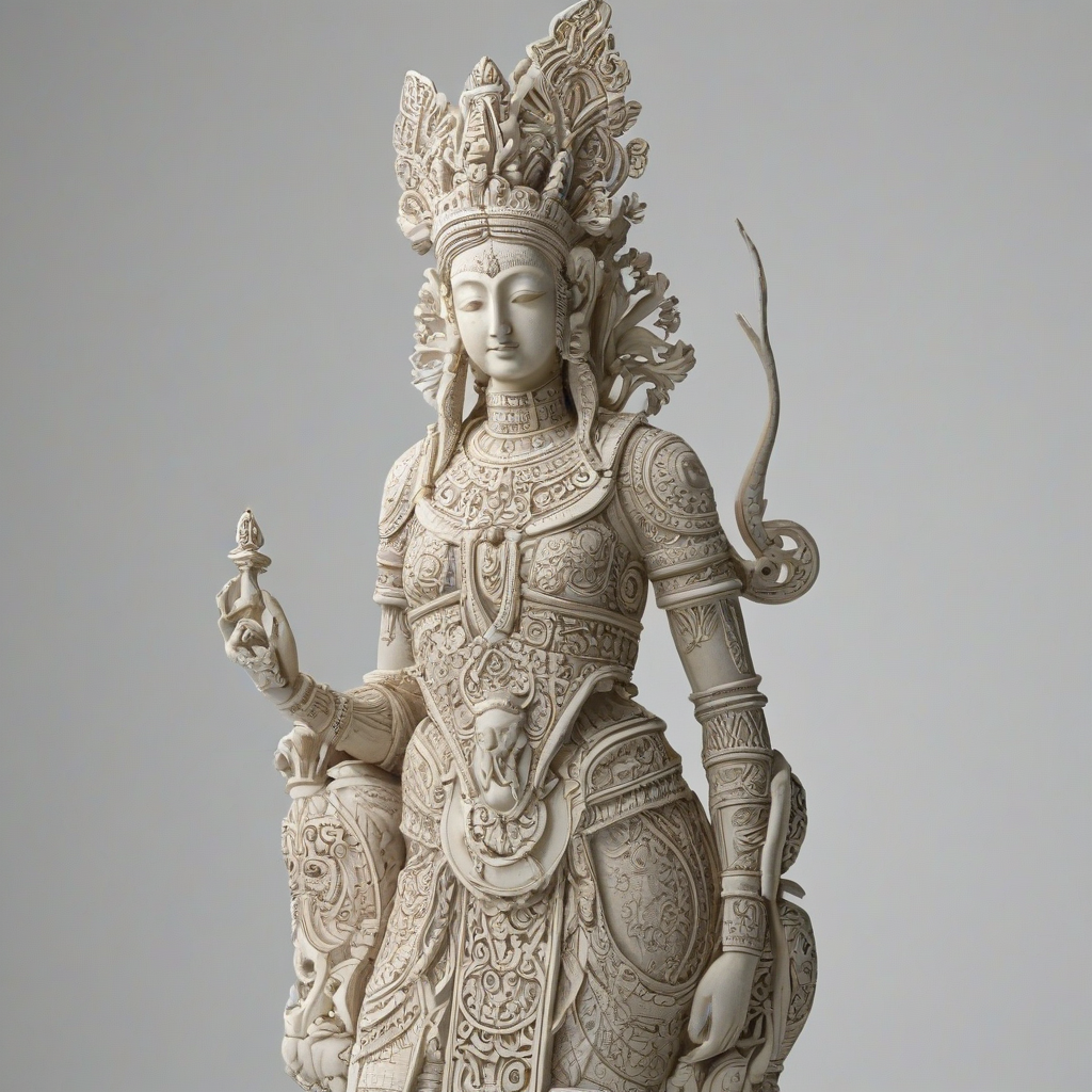 Stylized statue with intricate carvings, on a plain white background, even lighting