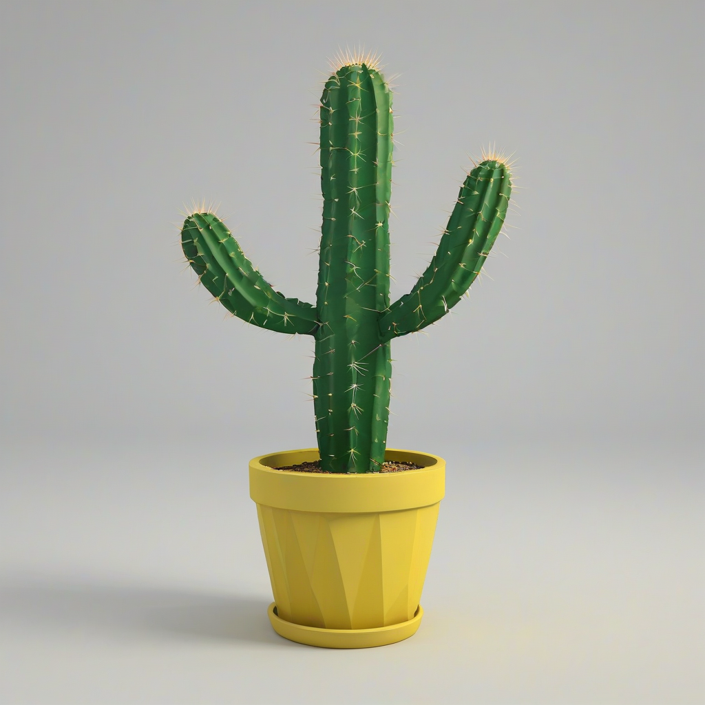 cartoon low poly, single cactus in a  yellow pot, only one in scene, on a plain white background, even lighting