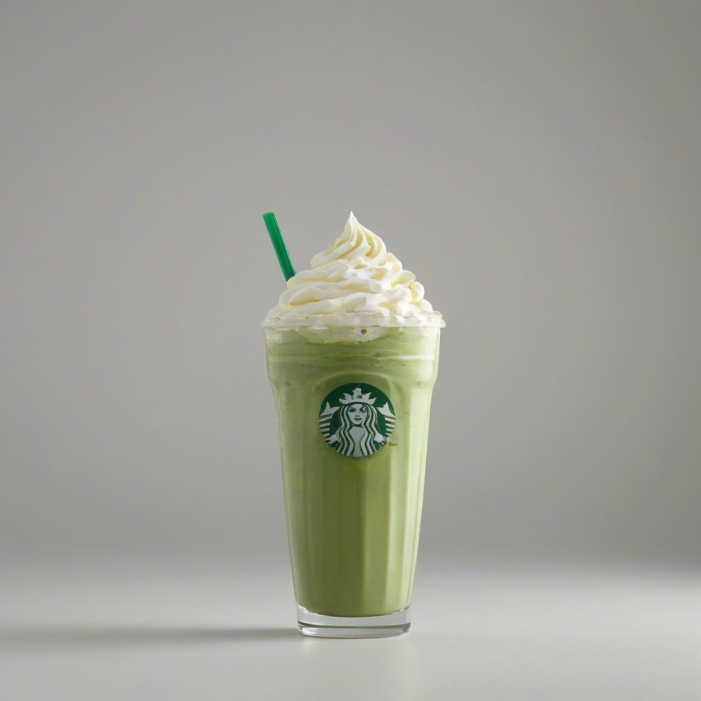 A matcha frappuccino in a tall clear glass with whipped cream on top, full-body view, on a plain white background, with a wide-angle shot, and dynamic shadows, in a digital art style with vibrant green matcha color and creamy white whipped cream, on a plain white background, even lighting 