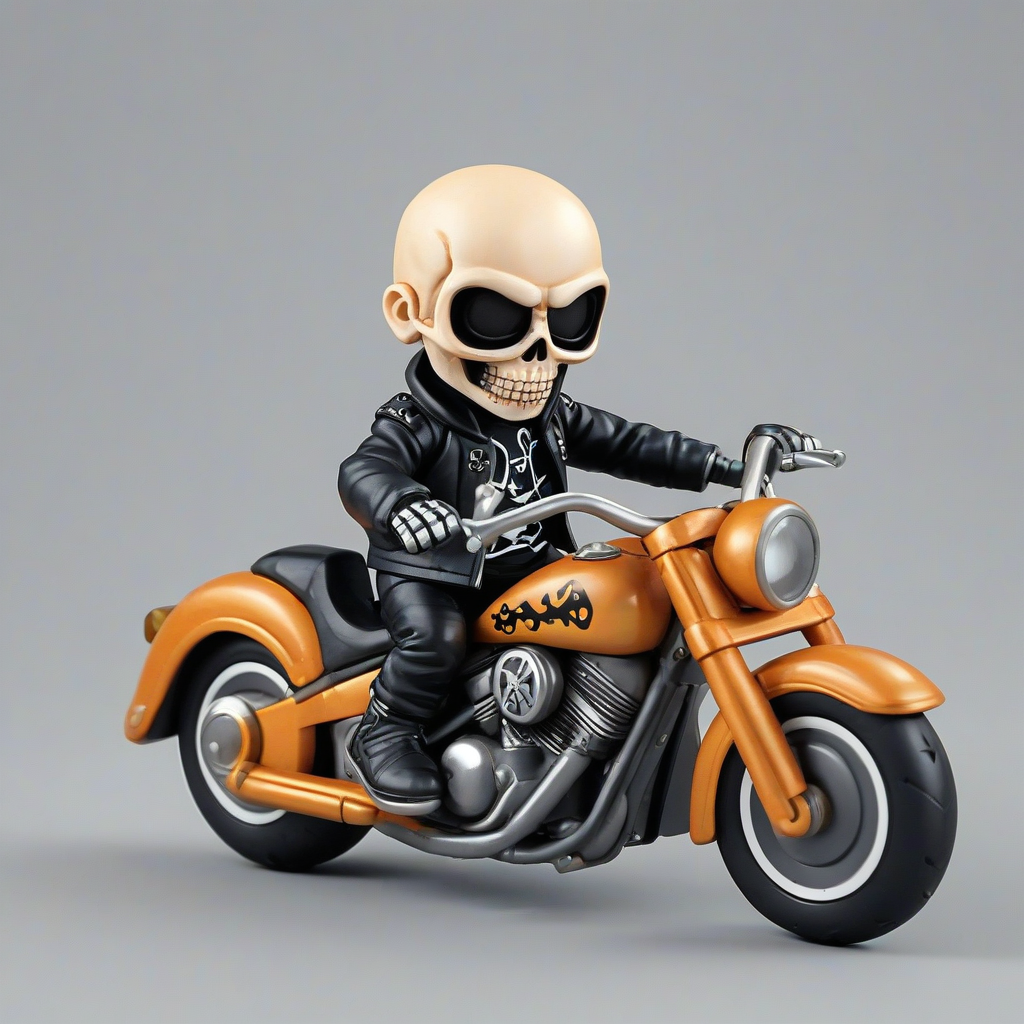 chibi cartoon style motorcycle rider with a skull head, wearing leather clothing, riding on a motorcycle, on a plain white background with even lighting, on a plain white background, even lighting